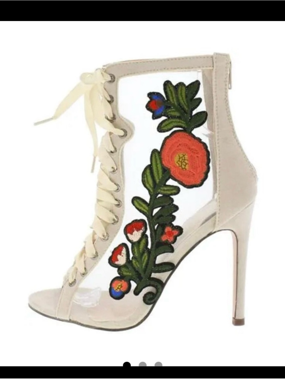 Women's Ivory Lace-Up Embroidered Floral High Heel Sandal